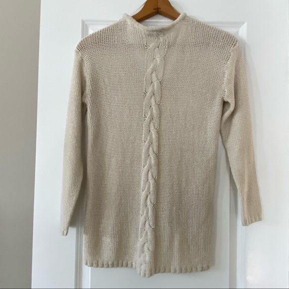 QUINN V-Neck Pullover Sweater w Cable Stitch Back Detail Tan Neutral Medium - Picture 2 of 10